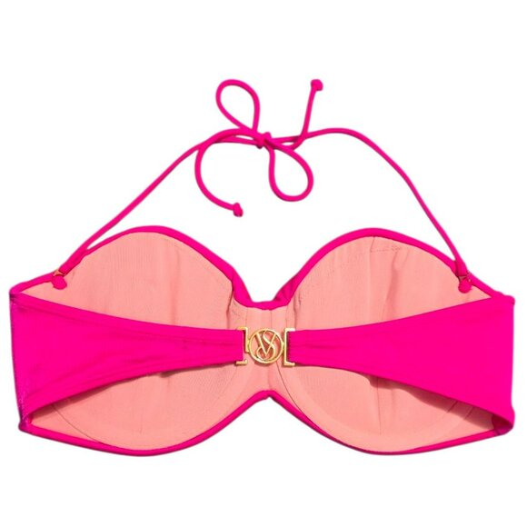 Victorias Secret Bikini Top 34D Pink Shimmer Bandeau Push-Up Twist Gold VS Logo - Picture 4 of 10